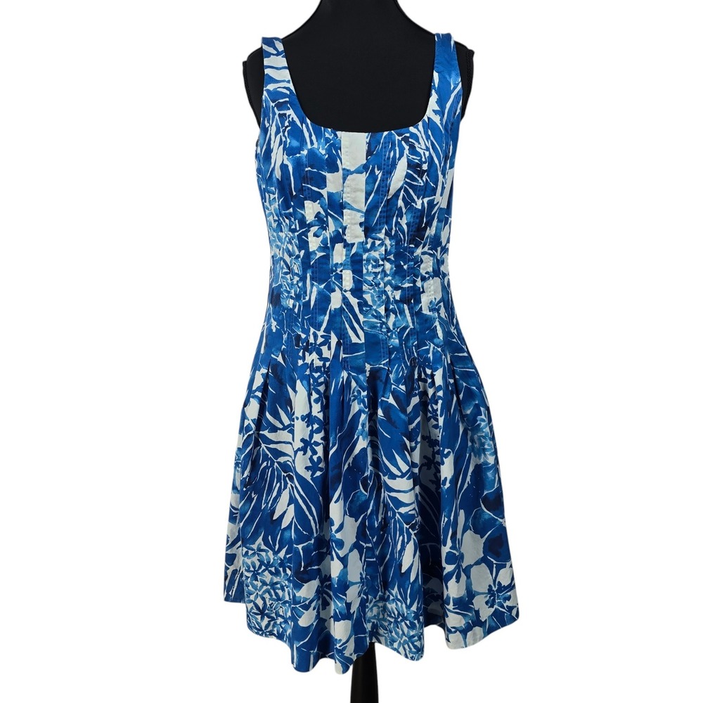 Lauren Ralph Lauren Blue White Tropical Floral Cotton A-Line Dress Woman Size‎ 6